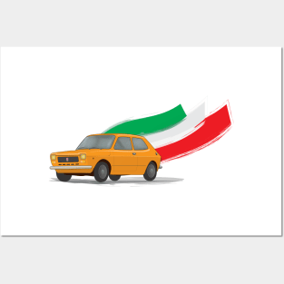 Classic Fiat 127 Illustration with Retro Orange Color and The Italian Flag Posters and Art